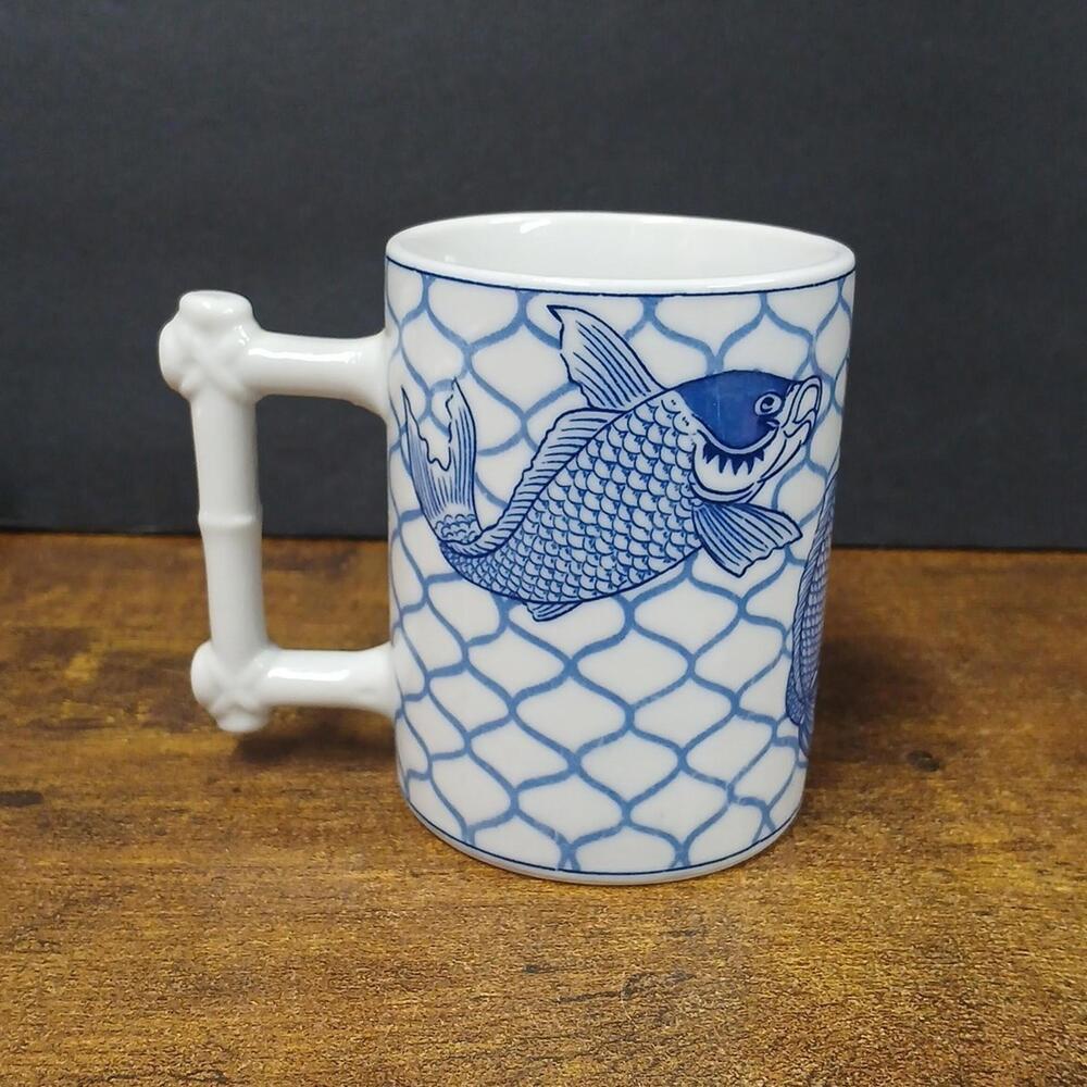 Vandor Nancy GETZ Artist Designer Ceramic Blue White KOI FISH Coffee Cup Mug - Picture 2 of 6